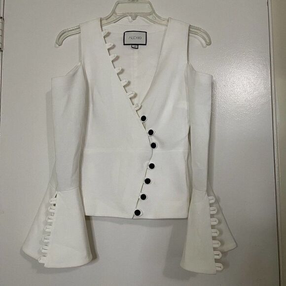 ALEXIS White asymmetrical button down bell sleeve blouse top size XS - Picture 7 of 10